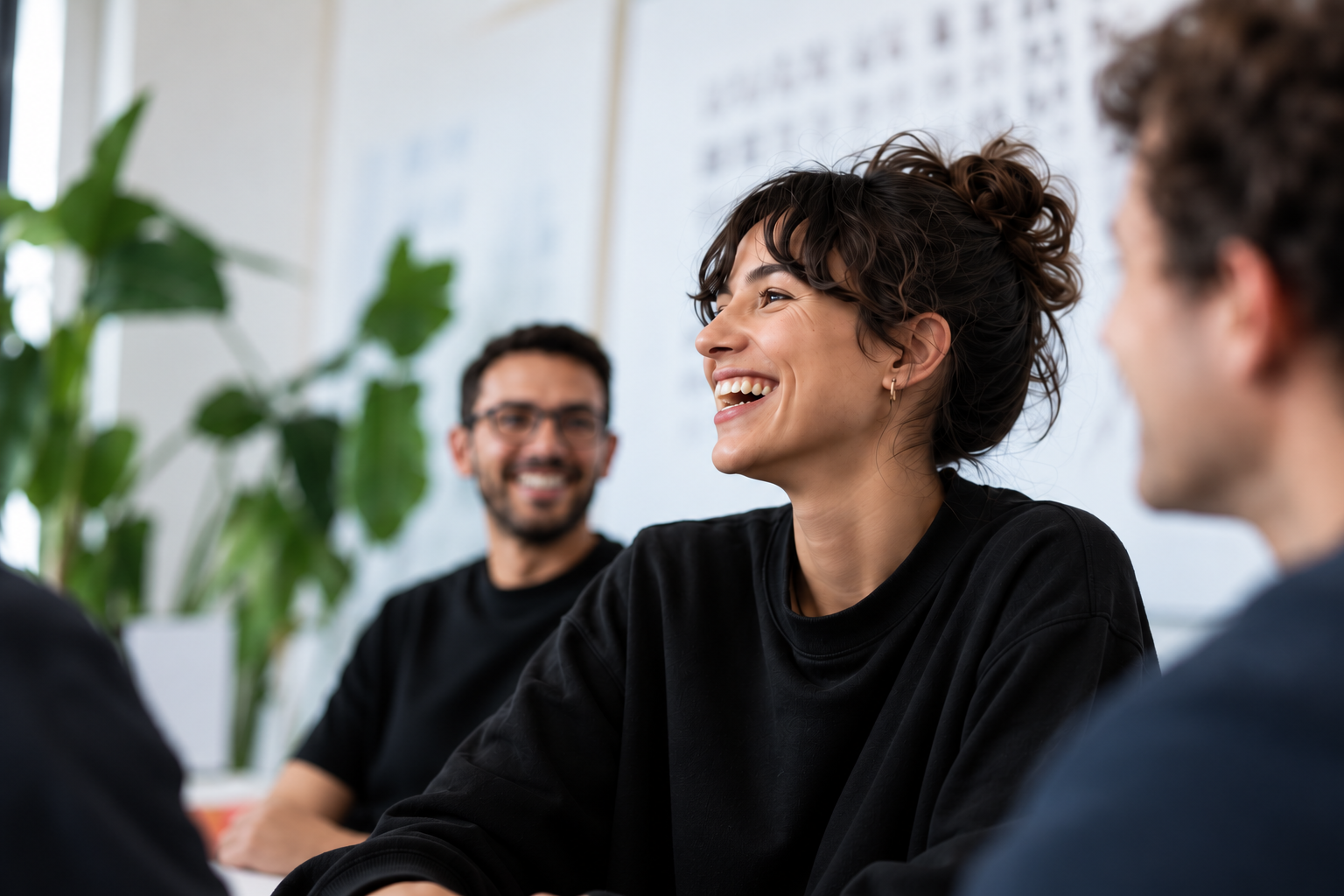 A woman smiling during a candid team conversation