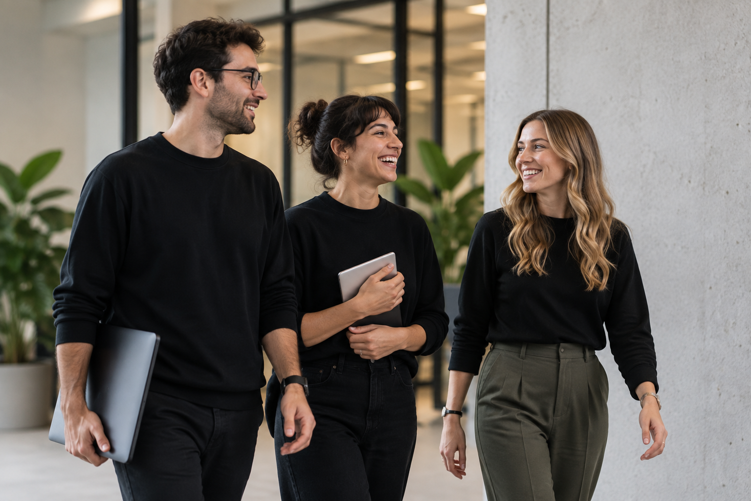 Three colleagues walking and talking through an office
