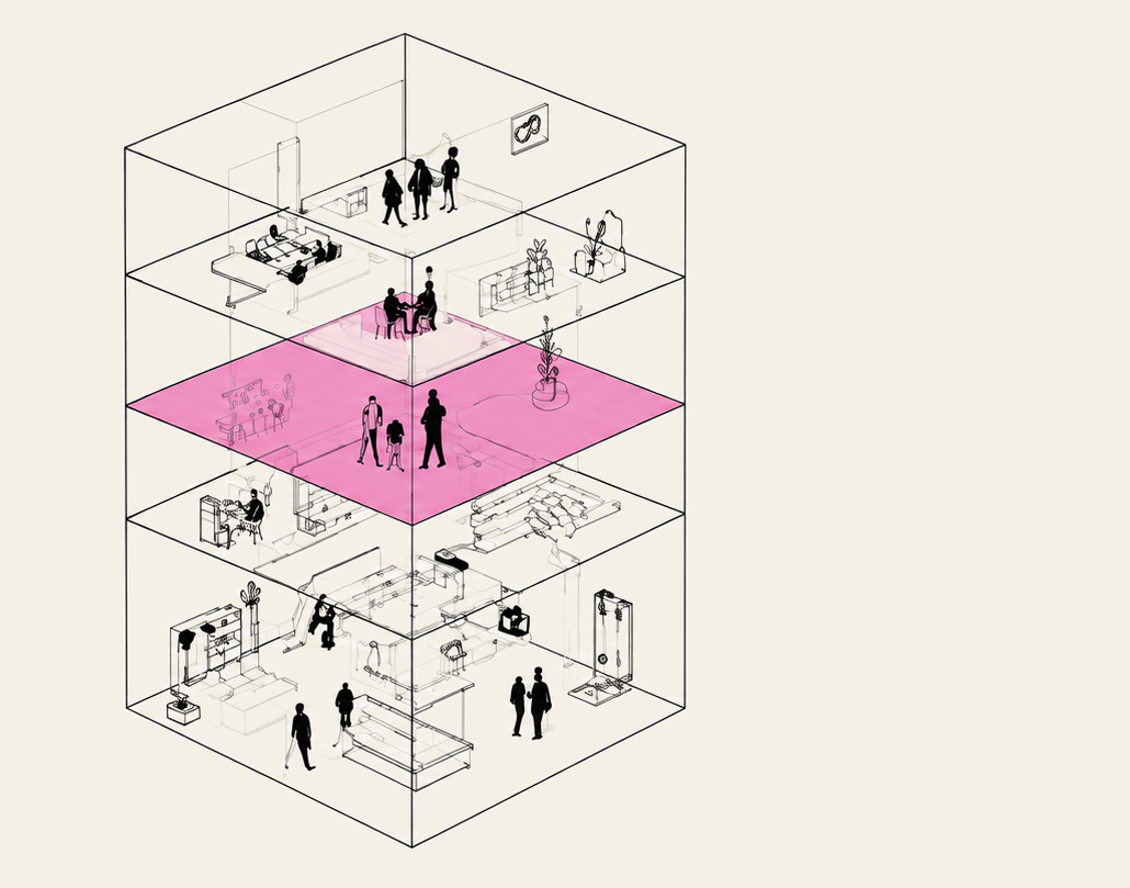 An isometric drawing of a building with one floor highlighted in pink